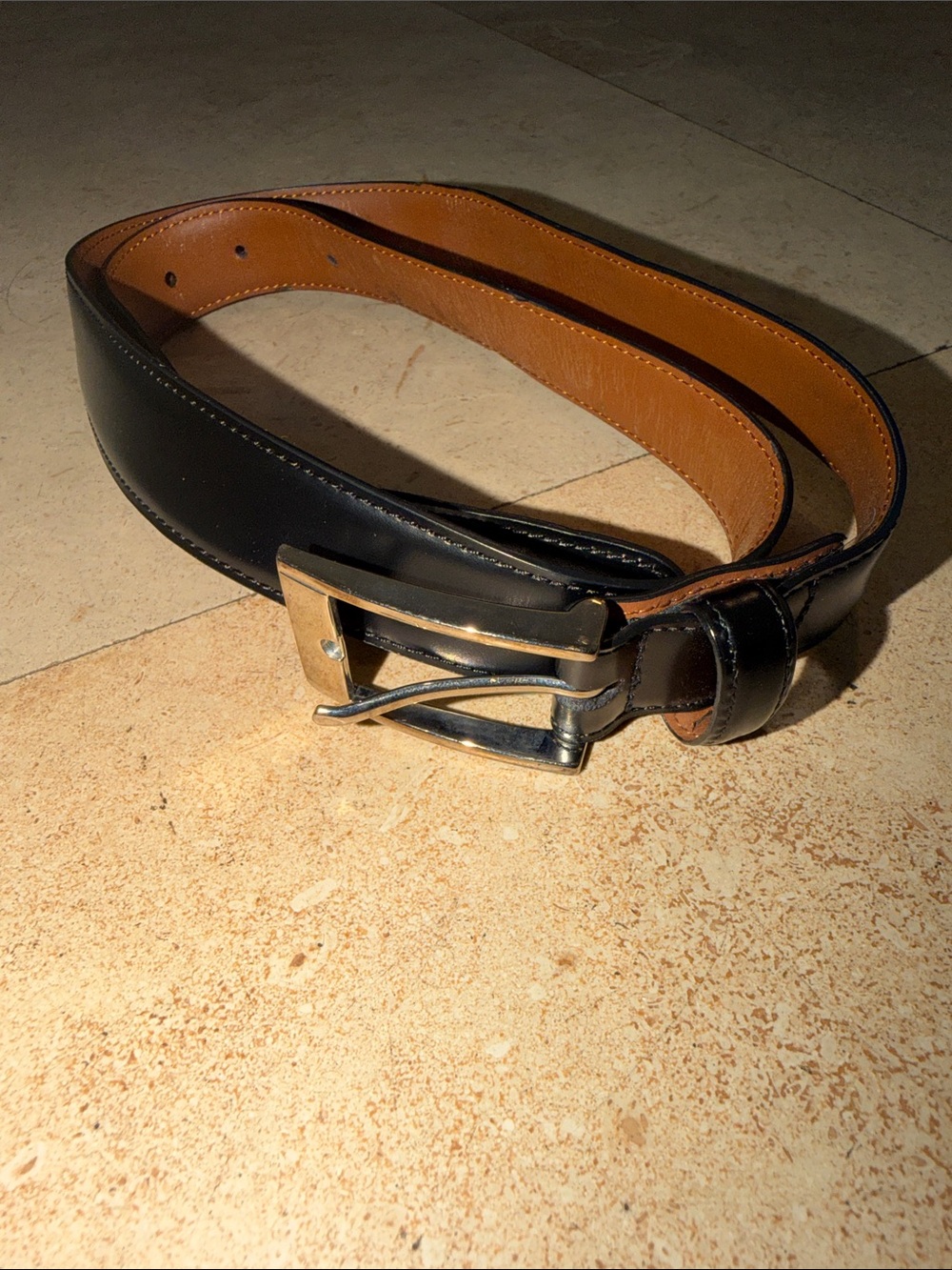 Brooks Brother Classic Black Leather Men's Belt with Tan Interior